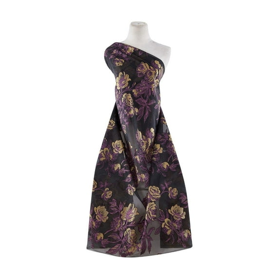 Zelouf Paloma Metallic Lurex Flower On Organza , Sewing, DIY, Crafts Fabric by the Yard, Black/plum/gold, 10 Yard