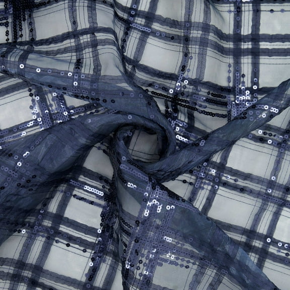 Zelouf Plaid Organza Soutache With Sequins  , Sewing, DIY, Crafts Fabric by the Yard, Navy, 3 Yard