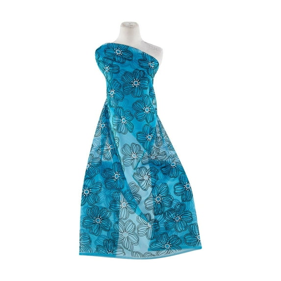 Zelouf Poppy Flower Flock W/holo Gltr 2X On Organza , Sewing, DIY, Crafts Fabric by the Yard, Turquoise, 20 Yard