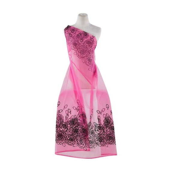 Zelouf Rose Border Flocked W/ Etched Glitter On Tulle 2X , Sewing, DIY, Crafts Fabric by the Yard, Fuchsia, 7 Yard
