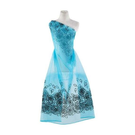 Zelouf Rose Border Flocked W/ Etched Glitter On Tulle 2X , Sewing, DIY, Crafts Fabric by the Yard, Sky Blue, 10 Yard