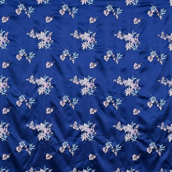 Zelouf Sakura Embroidery Satin , Sewing, DIY, Crafts Fabric by the Yard, Navy Bliss, 3 Yard