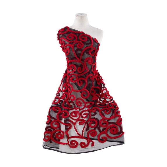 Zelouf Sqiggly Swirl Tape Emb On Tulle , Sewing, DIY, Crafts Fabric by the Yard, Black/red, 3 Yard