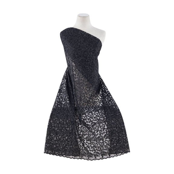 Zelouf Swirl Garden Chem Emb On Tulle With Scallop Cutting  , Sewing, DIY, Crafts Fabric by the Yard, Black, 3 Yard