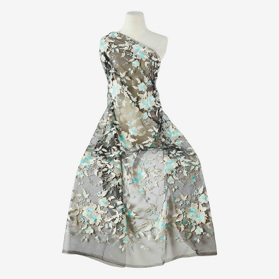 Zelouf Trisha Floral Embroidery Mesh , Sewing, DIY, Crafts Fabric by the Yard, Aqua Combo, 5 Yard