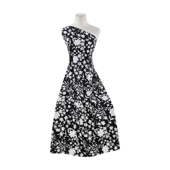 Zelouf Vicky Floral Print W/ Blk Bias Trans On Ity , Sewing, DIY, Crafts Fabric by the Yard, Black/white, 7 Yard