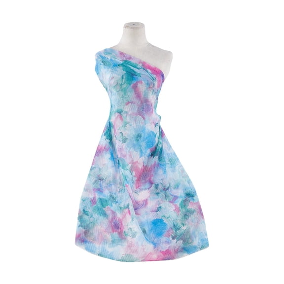 Zelouf Water Floral Print On Japanese Pleated Yoryu  , Sewing, DIY, Crafts Fabric by the Yard, Blue/green/pink, 7 Yard