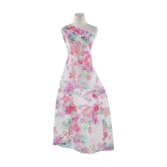 Zelouf Watercolor Floral Print W/silver Trans On Tulle , Sewing, DIY, Crafts Fabric by the Yard, White/lilac/fuchsia, 3 Yard