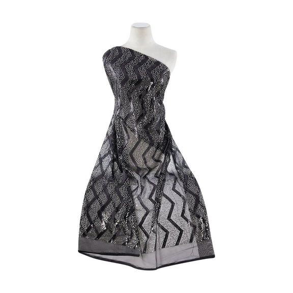 Zelouf Zig Zag Sequins On Tulle , Sewing, DIY, Crafts Fabric by the Yard, Blk/blk/gold, 3 Yard