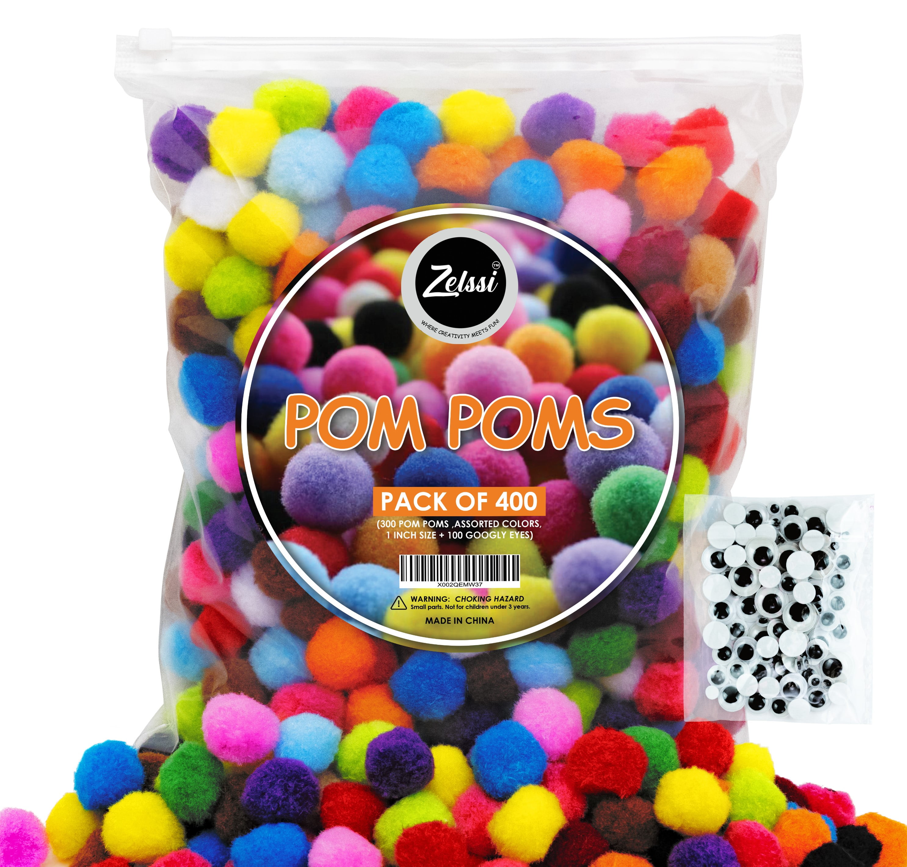 Zelssi Pom Poms - Pack of 1 300 1 inch Pom Pom Balls + 100 Googly Eyes -  Vibrant Assorted Pompoms for Crafts Multi Colored Poms for DIY & Arts and  Creative Crafts Projects & Decorations