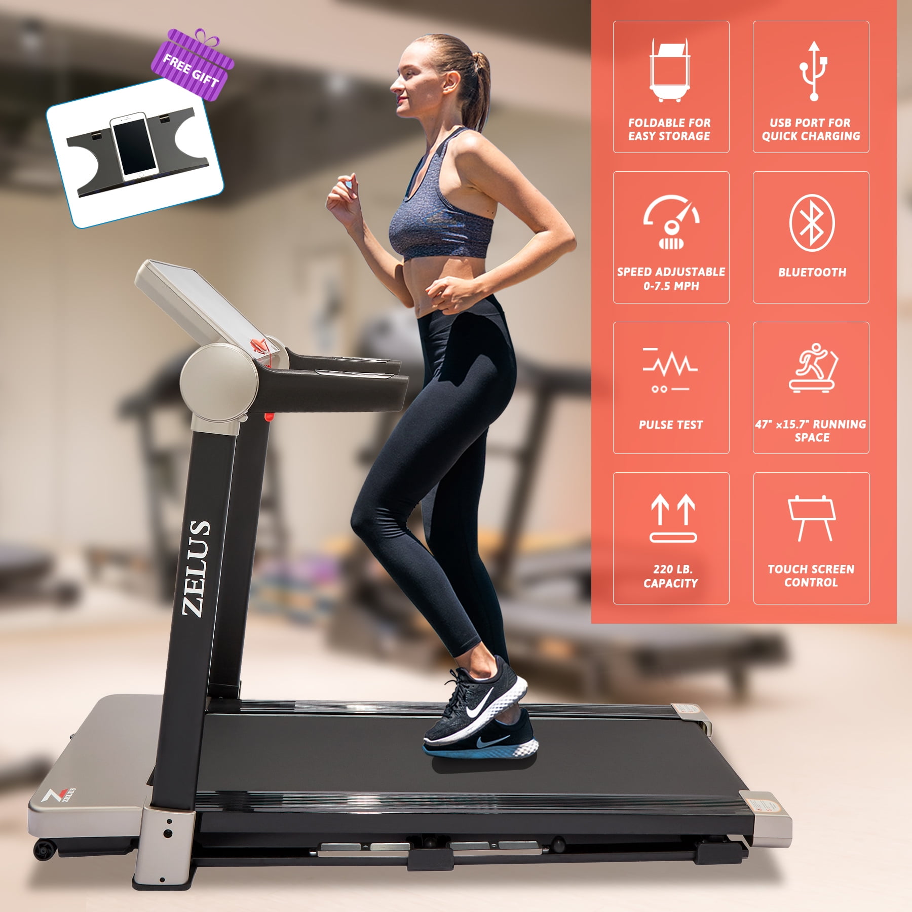 Zelus 3HP Folding Treadmill for Home or Office with Bluetooth Speaker 7.5mph