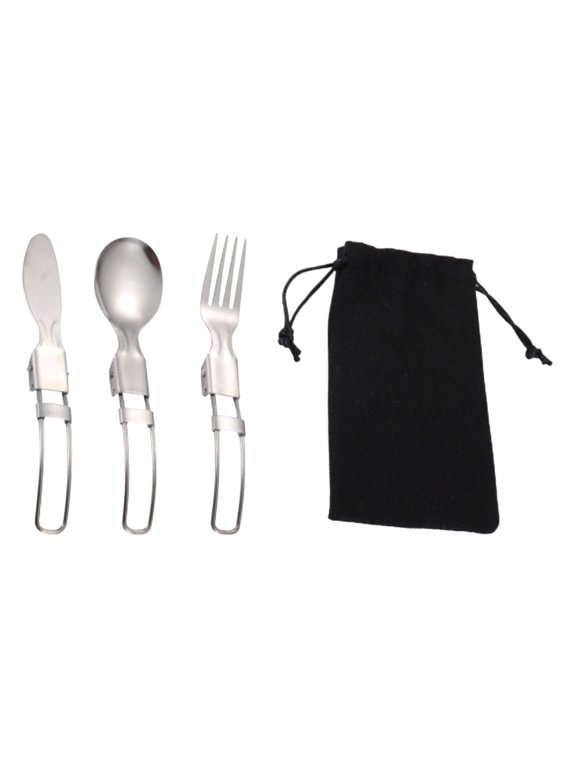 3 Pcs Folding Spoon Fork Knife Set, Portable Dinner Flatware Utensils with Black Bag, Compact Camping Silverware, Reusable Stainless Steel Utensil for Camping Picnic Travel Hiking, 5.98 inch