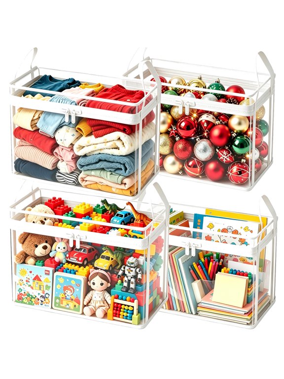 Large Clear Storage Moving Bags Thick Comforter & Clothes Tote Container Bin, Stackable Foldable Boxes 30 L Hinged Lid Zipper Organizer for Book Toys Camping Travel Attic,7.8 gal,White