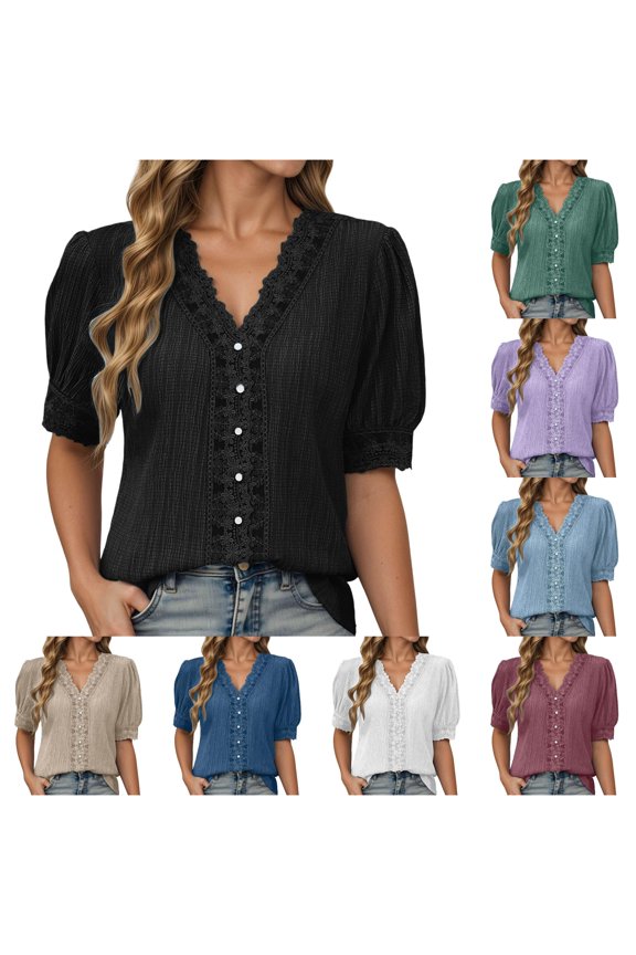 Womens T Shirts, Elegant Lace Trim V Neck Puff Sleeve Blouse for Everyday and —Dressy Summer Tops for Work or Casual Black L