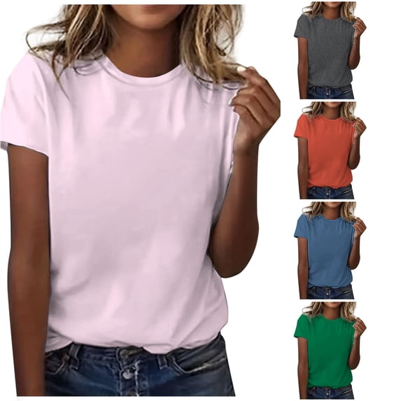 Zemara Womens T Shirts, Women's Classic Everyday Short Sleeve Solid Color Round Neck T-Shirt for Women Casual Daily Wear Versatile Wardrobe Light Pink S