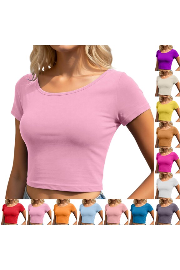 Womens T Shirts, Women's Everyday Casual Top for Warm Weather—Demi-Length Crop Tee with Round Neck and Solid Design for Daily Comfort Spring to Autumn Light Pink One Size
