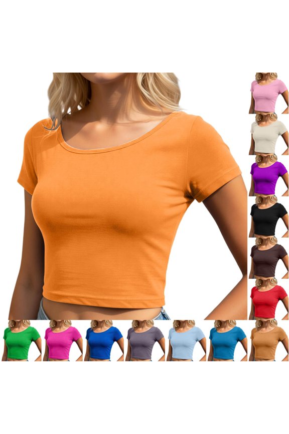 Womens T Shirts, Women's Everyday Casual Top for Warm Weather—Demi-Length Crop Tee with Round Neck and Solid Design for Daily Comfort Spring to Autumn Orange One Size