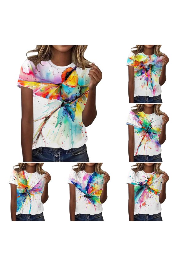 Womens T Shirts, Women's F Print Round Neck Short Sleeve Top for Everyday Comfort Breathable Versatile Everyday Tee Dark Blue S
