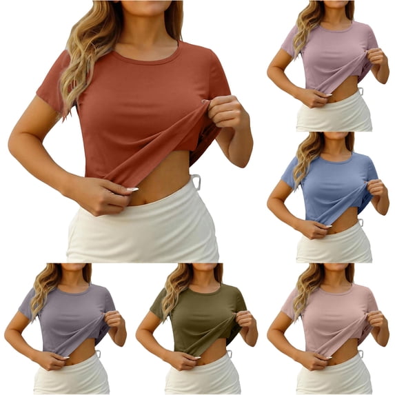 Zemara Womens T Shirts, Women's T-Shirt Category Top with Built-In Bra Camisole Seamless Comfort Stretch Short Sleeve Everyday Wear for Versatile Spring SummerAutumn Comfort Brick Red L