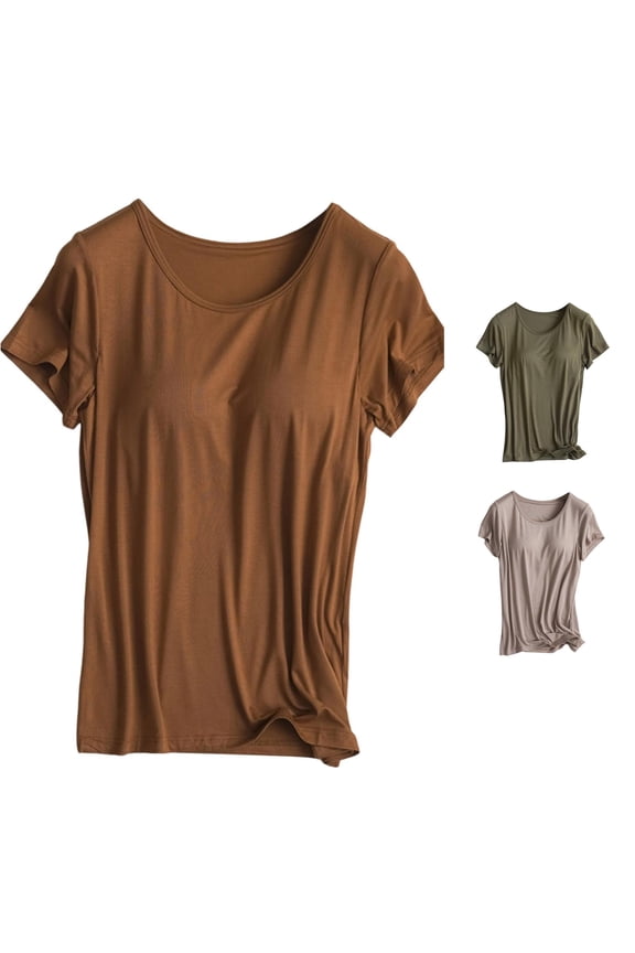 Womens T Shirts, Women's T-Shirts T Builtin Bra T Shirt For Womens Padded Tops Short Sleeves Blouses Soft Pajama Casual Shirts For Workout Yoga Coffee M