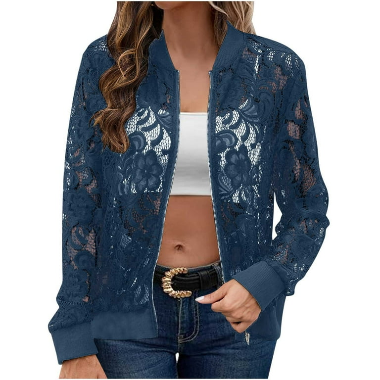 Zemub Ladies Solid Color Hot Selling Lace Casual Jacket Jacket Navy M Walmart