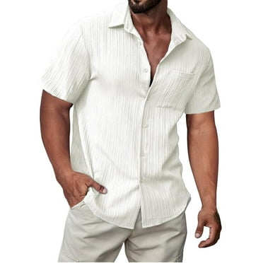 Zemub Men's Short Sleeve Button Up Shirts Hawaiian Textured Shirt(White,L)