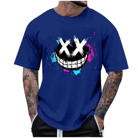 Zemub Summer Fashion Casual Men's Round Neck Printed T-shirt Top(Blue,M)