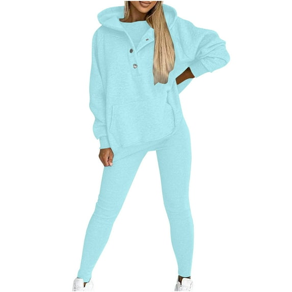 Zemub Women Sweat Suit Hoodie And Leggings Casual And Comfortable Sweatshirt 2 Piece Suit(Light Blue,S)