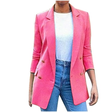 Zemub Womens Ladies Solid Turn Down Collar Jacket Long Sleeve Coat Outerwear(Hot Pink,XXL)