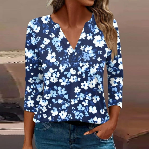 Zemzhal 3/4 Sleeve Tops for Women, V Neck Casual Tunic Tops, Basic Shirts, Loose Fit Blouse, Bohemian Shirt, Plus Size Women Blouses