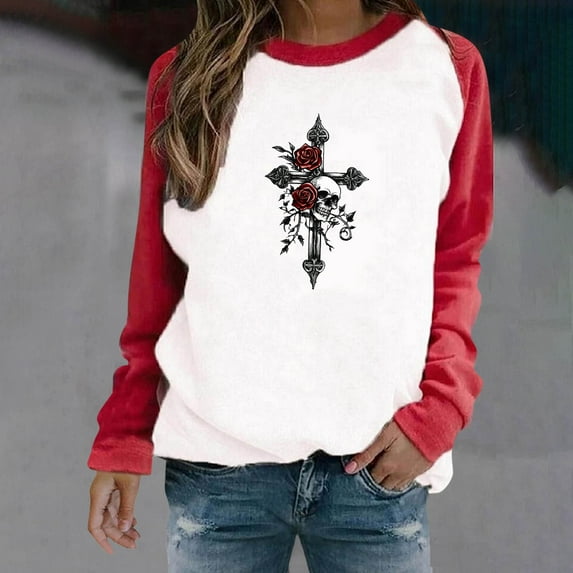 Zemzhal Adult Women's Halloween Shirts, Womens Raglan Sleeve Shirt Pullover Tops, Soft Loose Casual Crewneck Halloween Gift Sweatshirt for Women, Vintage Gothic Rose Flowers Skull Printed Shirts