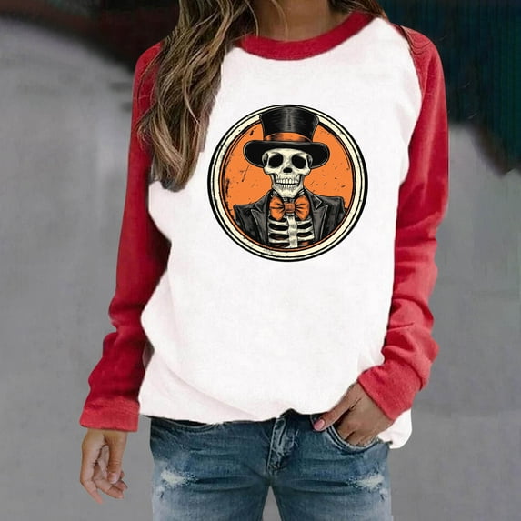 Zemzhal Adult Women's Halloween Shirts, Womens Raglan Sleeve Shirt Pullover Tops, Soft Loose Casual Crewneck Halloween Gift Sweatshirt for Women, Vintage Gothic Rose Flowers Skull Printed Shirts