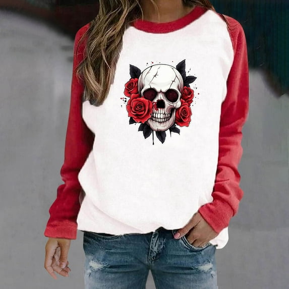 Zemzhal Halloween Clothes for Women, Womens Raglan Sleeve Shirt Pullover Tops, Soft Loose Casual Crewneck Halloween Gift Sweatshirt for Women, Vintage Gothic Rose Flowers Skull Printed Shirts