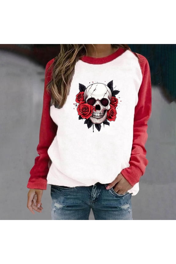 Halloween Clothes for Women, Womens Raglan Sleeve Shirt Pullover Tops, Soft Loose Casual Crewneck Halloween Gift Sweatshirt for Women, Vintage Gothic Rose Flowers Skull Printed Shirts