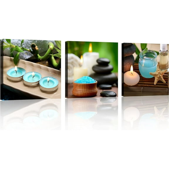 Zen Art Wall Art Zen Spa Still Life with Blue Candles Spa Stones Bamboo Zen Pictures Print on Canvas for Bathroom Bedroom Spa Room Decor Stretched and Framed 3 Panels Each Panel 12x12inch