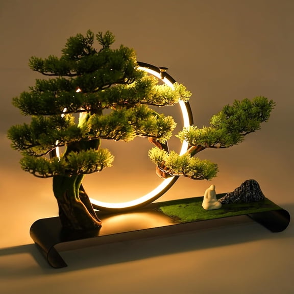 Zen Artificial Bonsai Tree with Adjustable LED Light Ring, Realistic Simulation Welcome Pine with Buddha Statue Decoration, Faux Potted Plant