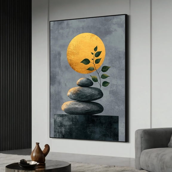 Zen Balance Canvas Painting, Minimalist Wall Art, Gold Sun And Stone Art, Boho Abstract Home Decor, Modern Zen Gift, Unframed Poster Size 8x12