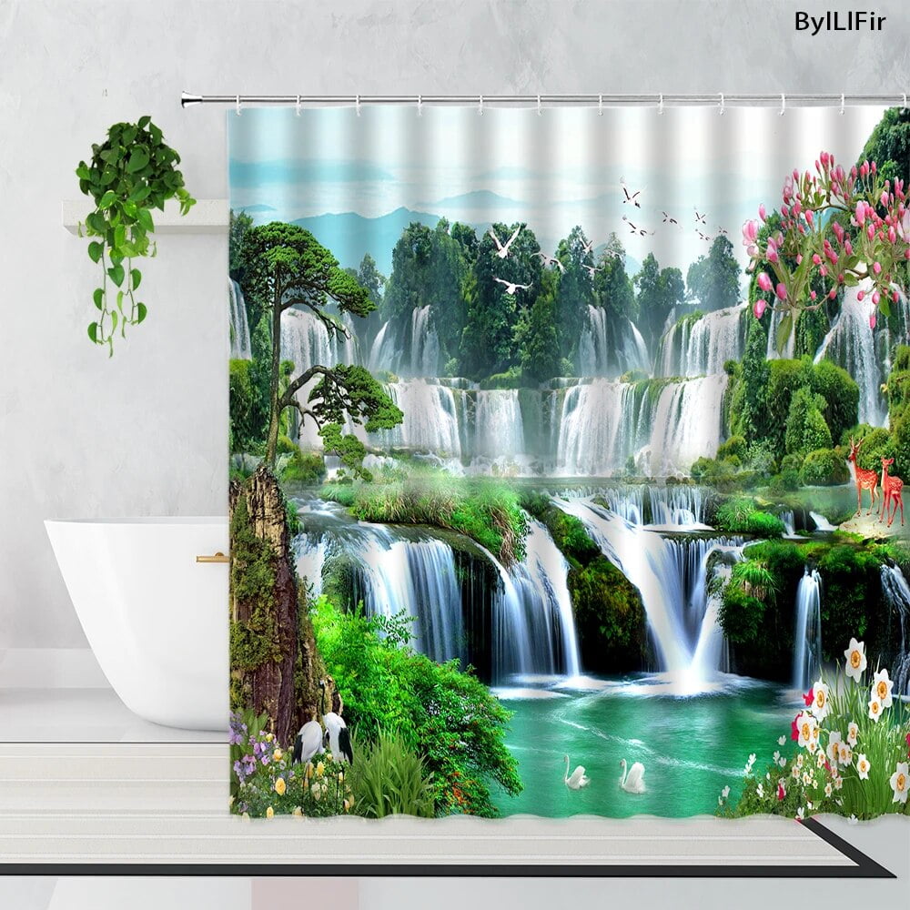 Zen Bamboo Forest Shower Curtain Summer Forest Jungle Waterfall Rock ...