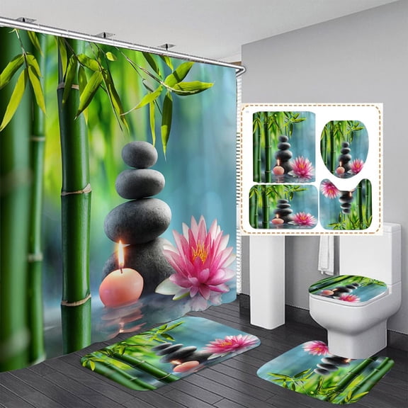 Zen Bamboo Lotus Shower Curtains set for Bathroom, Candles and Stones Spa Shower Curtains for Therapy Relaxing and Meditation Waterproof Cloth Shower Curtain with Plastic Hooks