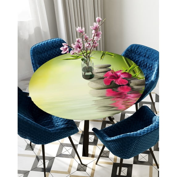 Zen Bamboo Stone Nature Round Elastic Edged Table Cover Protector Cloth Waterproof Polyester Rectangle Fitted Tablecloth