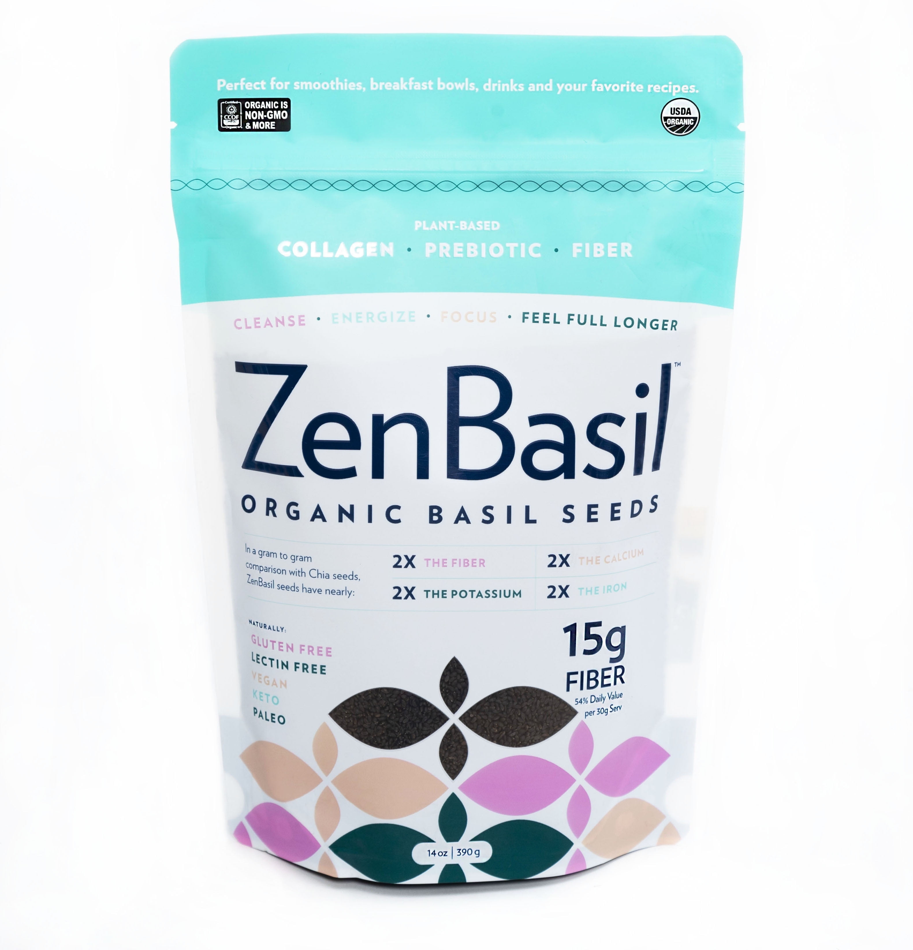 Zen Basil Seeds | Edible Basil Seeds USDA Organic, Kosher, Non-GMO, Lectin-free, Gluten-free, Keto, Paleo | 15g Fiber Per Serving