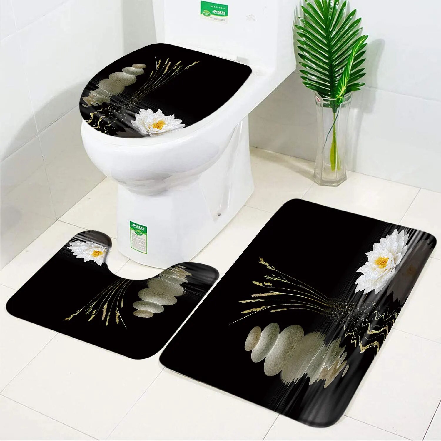 Zen Bath Mat Black Zen Stone Lotus Flower Green Bamboo Bath Decor Non