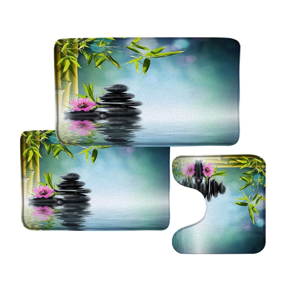 Zen Bath Mat Set Green Bamboo Purple Orchid Flowers Plant Black Stone