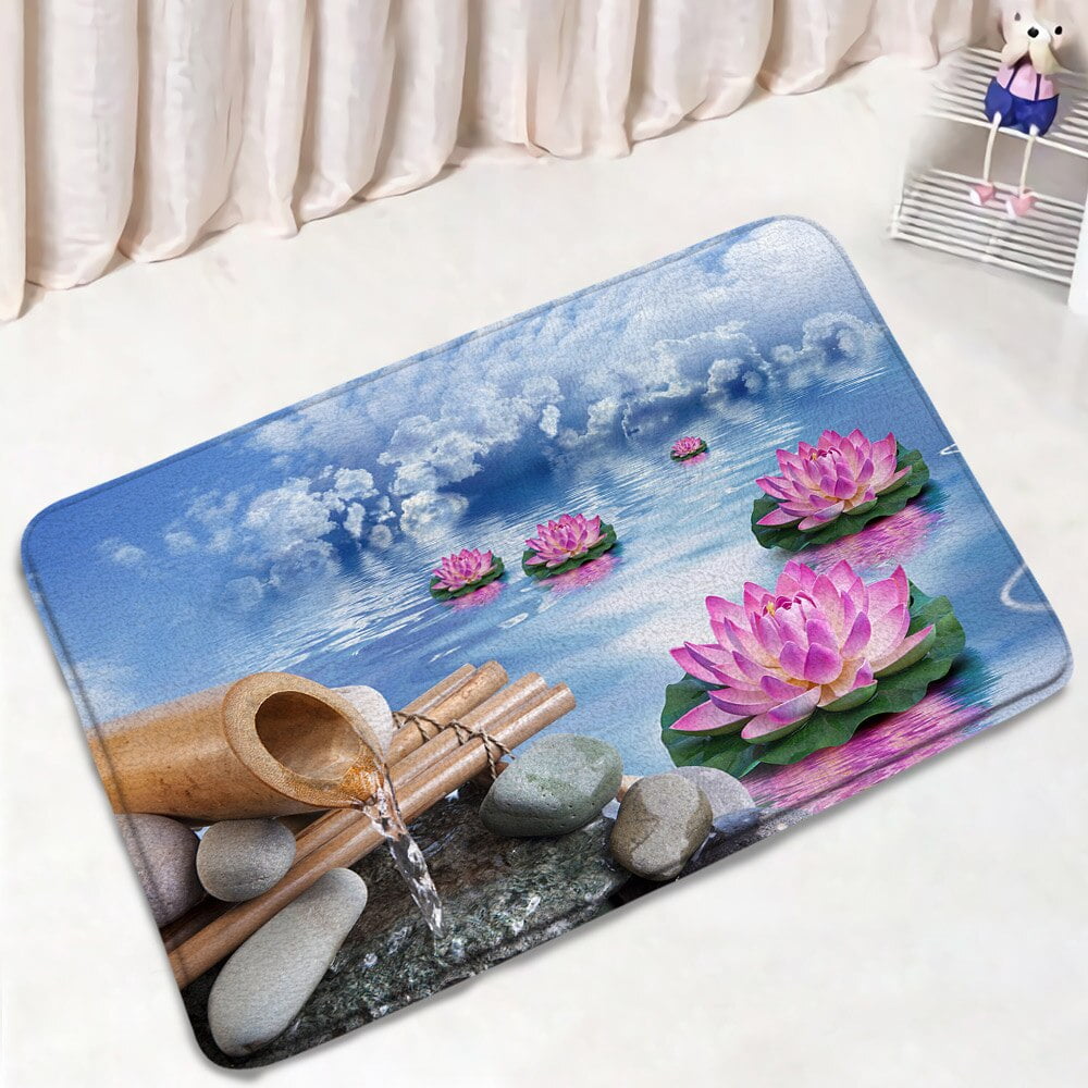 Zen Bath Mat Set Pink Lotus Flowers Running Water Spa Nature Scenery ...