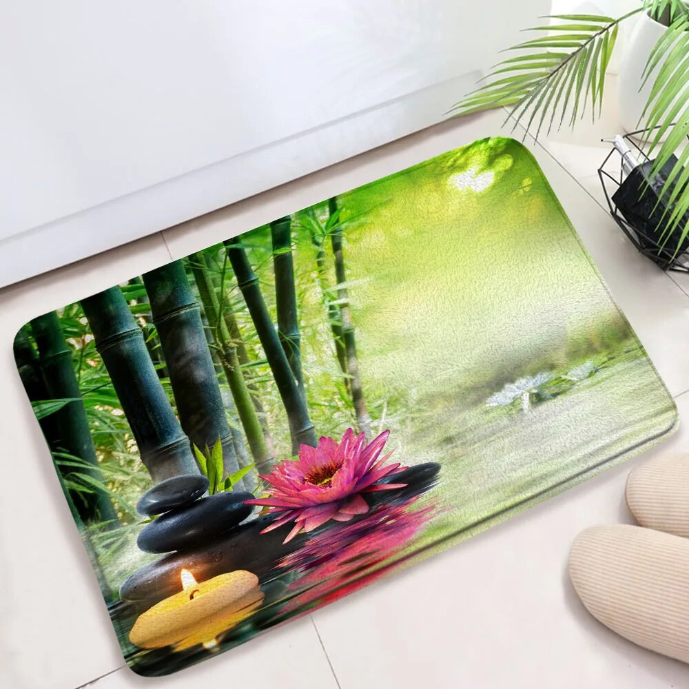 Zen Bath Mats Set Green Bamboo Orchid Lotus Massage Stone Asian Spa