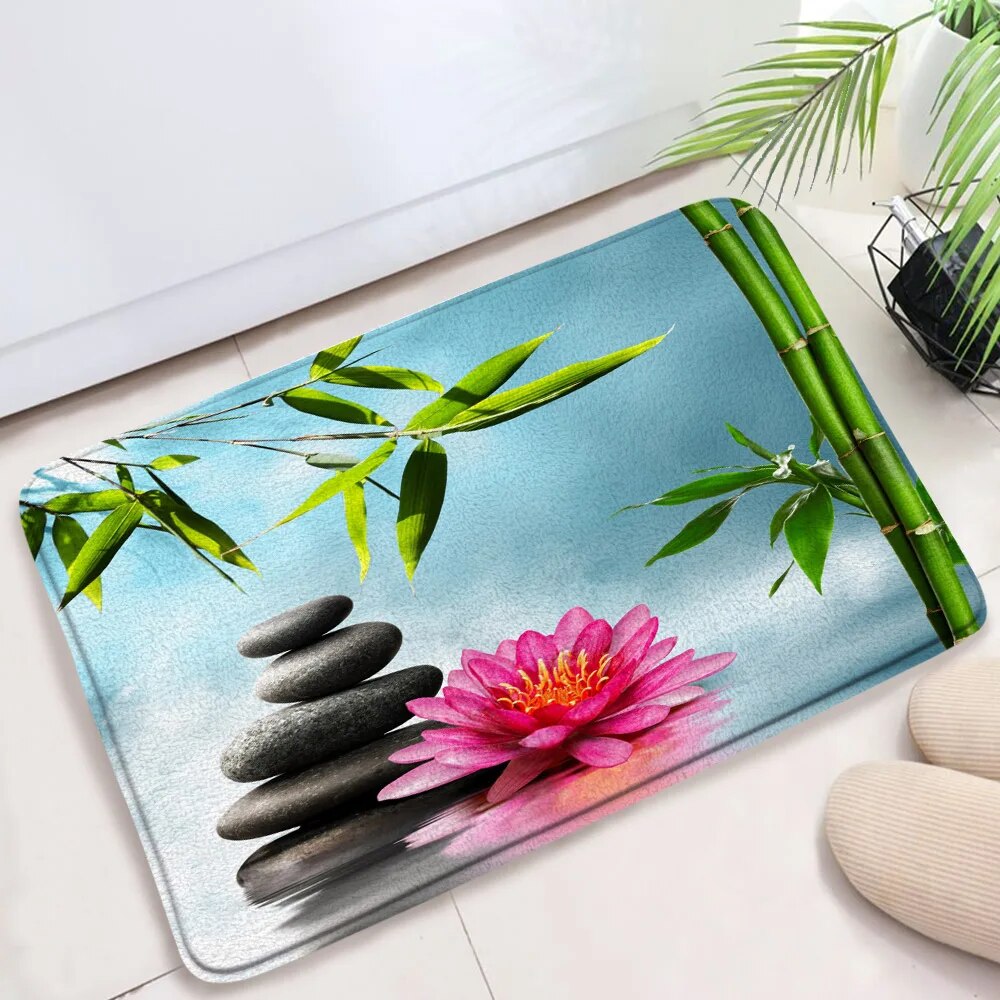 Zen Bath Mats Set Green Bamboo Orchid Lotus Massage Stone Asian Spa