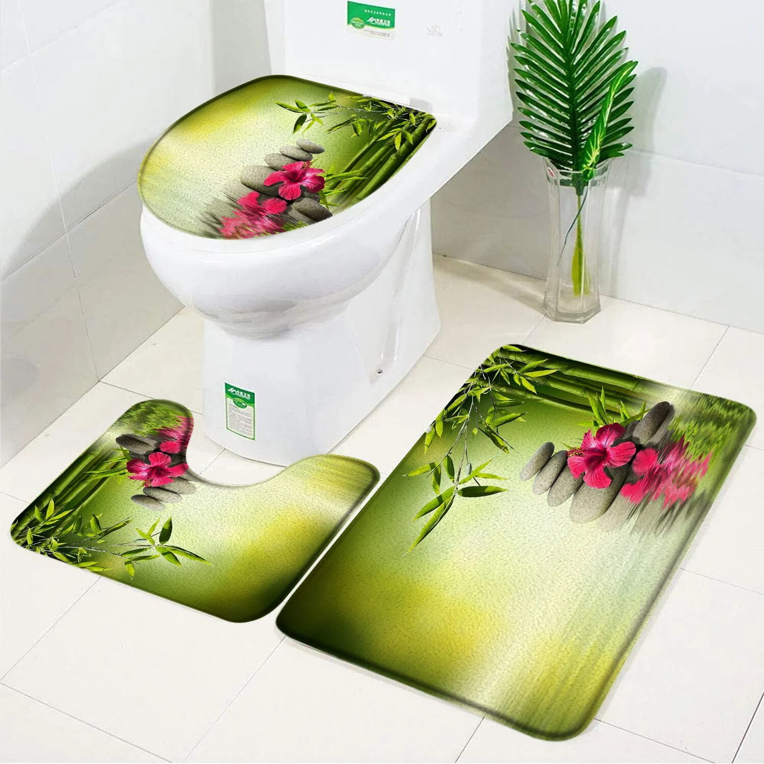 Zen Bath Mats Set Green Bamboo Orchid Lotus Massage Stone Asian Spa