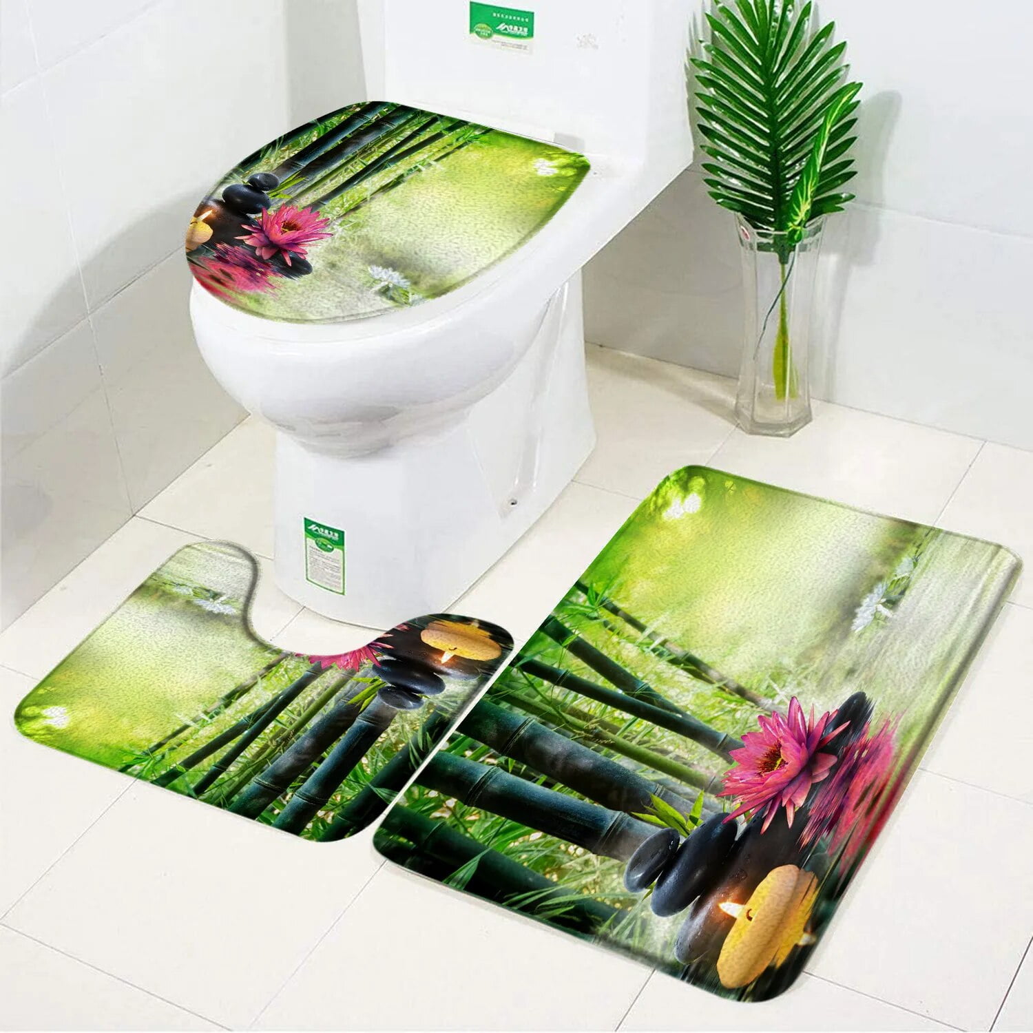 Zen Bath Mats Set Green Bamboo Orchid Lotus Massage Stone Asian Spa
