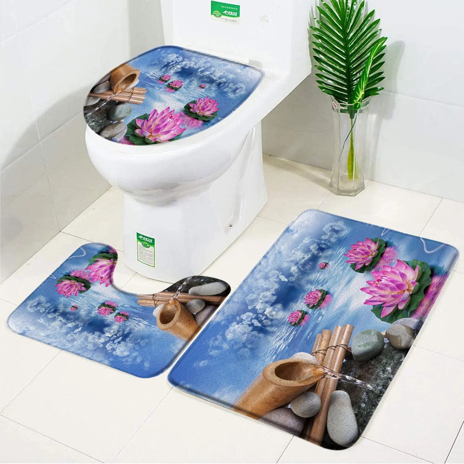 Zen Bath Mats Set Green Bamboo Orchid Lotus Massage Stone Asian Spa