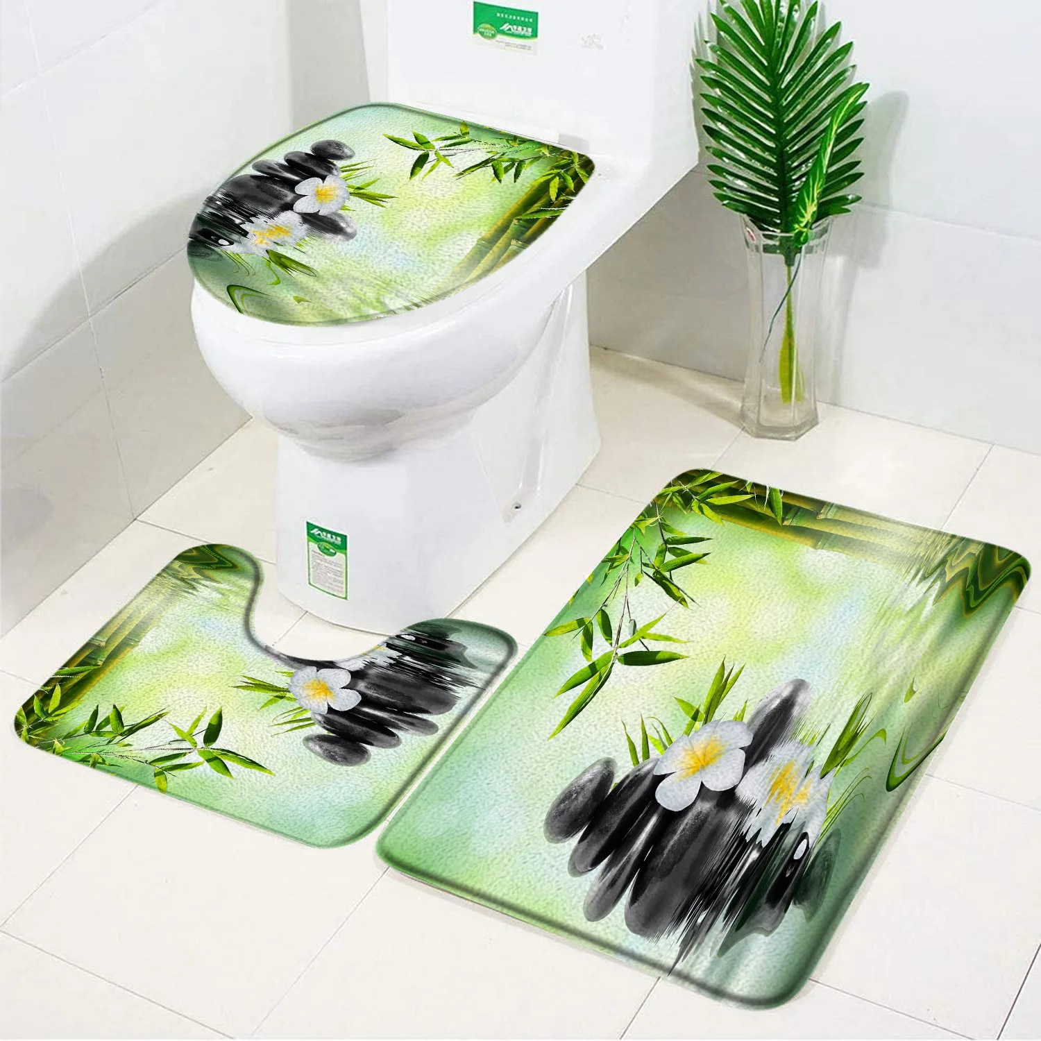 Zen Bath Mats Set Green Bamboo Orchid Lotus Massage Stone Asian Spa